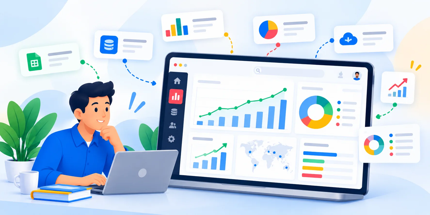 Flat vector illustration of a business analytics dashboard with sales charts, financial metrics, customer insights, and connected data sources.