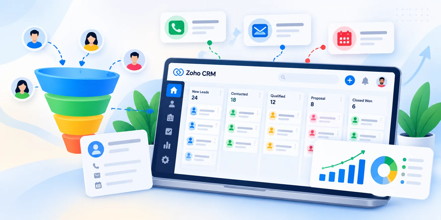 Flat illustration of a sales pipeline dashboard with connected lead cards, customer profiles, follow-up reminders, and a rising sales chart.