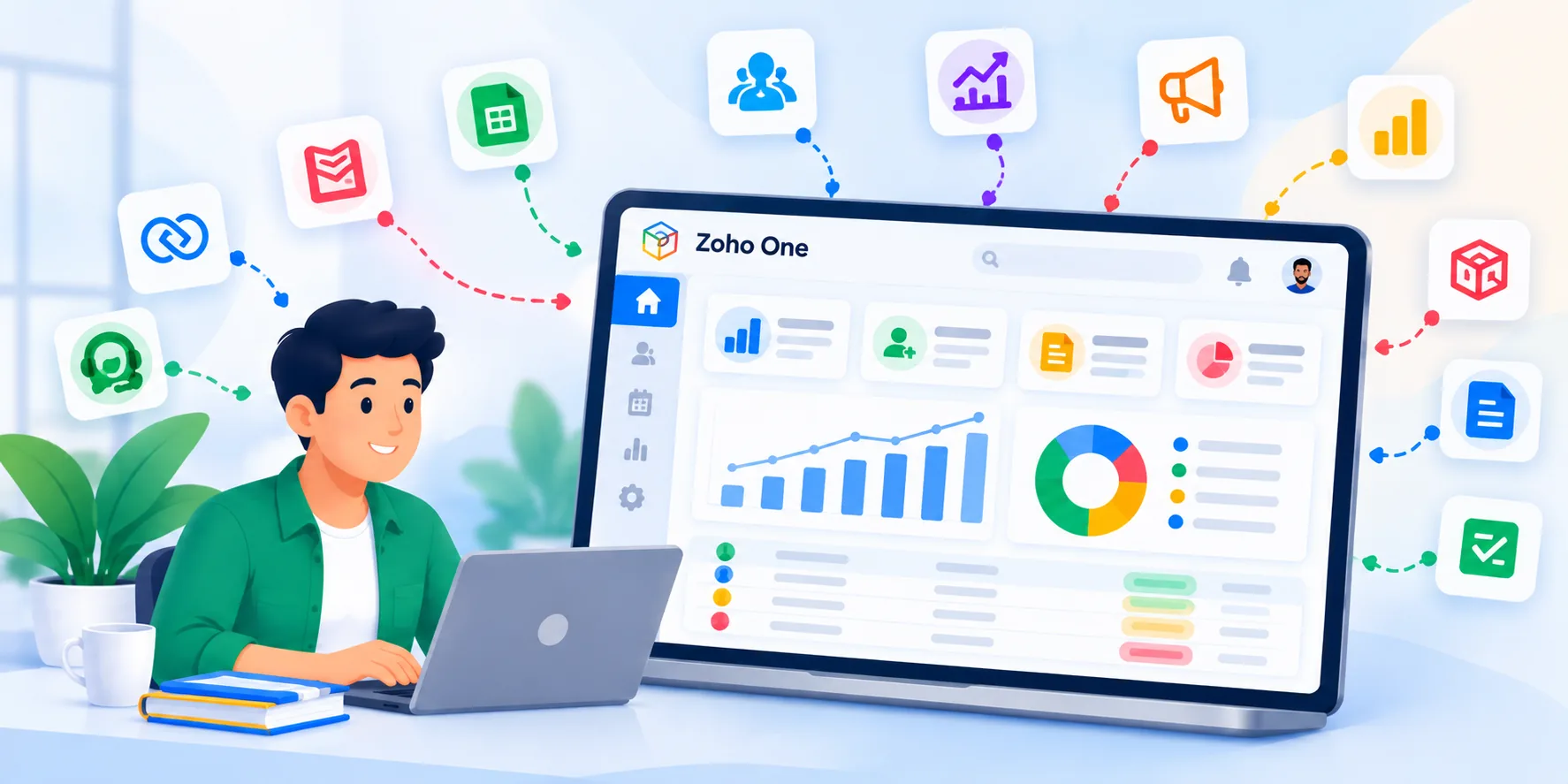Illustration of a small business team using connected digital tools for sales, finance, marketing, customer management, and business reporting.