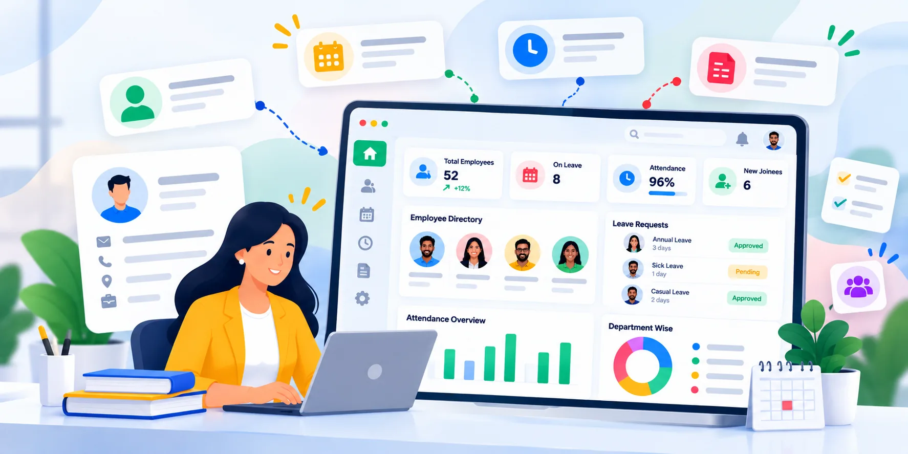 Flat vector illustration of an HR management dashboard with employee profiles, leave approvals, attendance tracking, and workforce analytics.