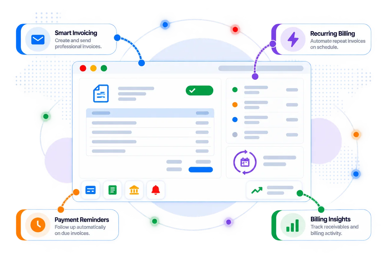 Zoho Invoice dashboard with its key capabilities