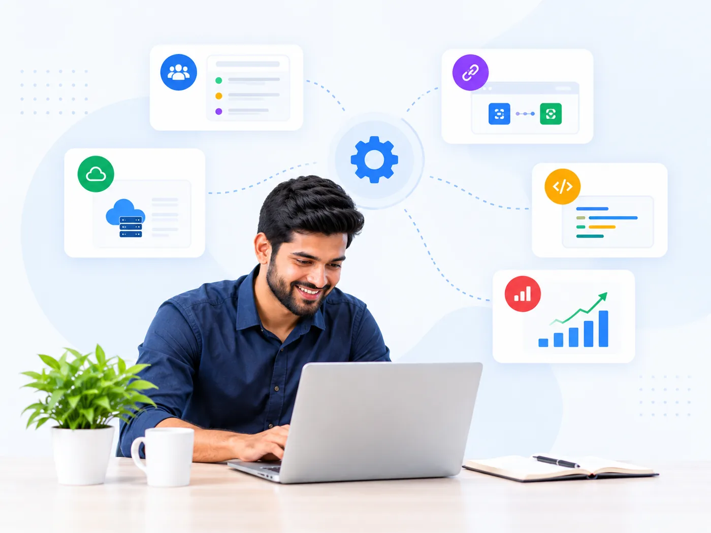 A Zoho specialist working on a laptop with integration, code, and analytics modules